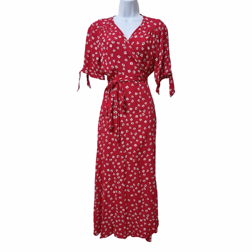 Seraphine Maternity Bessie Floral Wrap Midi Dress US 8 UK 12 Red Cottagecore